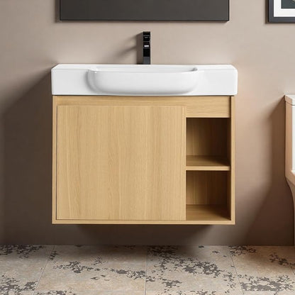 28" Bathroom Vanity with Ceramic Sink, Farmhouse Cabinet, Light Oak | Ceramic Sink, Soft-Close Door, Interior Compartment and 2-Tier Open Side Shelves, 45° Inclined Edge Handle