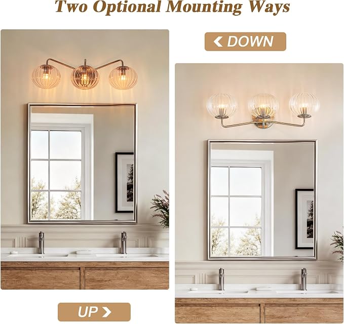 Lingkai 3 Light Bathroom Light Fixtures,Brushed Nickel Modern Vanity Lights with Clear Striped Glass Shades,Bathroom Vanity Lighting Over Mirror for Living Room Dinning Room Bedroom