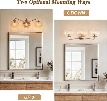 Lingkai 3 Light Bathroom Light Fixtures,Brushed Nickel Modern Vanity Lights with Clear Striped Glass Shades,Bathroom Vanity Lighting Over Mirror for Living Room Dinning Room Bedroom