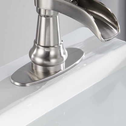 Brushed Nickel Bathroom Faucet Single Handle Waterfall Spout | Pop Up Drain and Supply Lines Included, One Hole Commercial Lavatory Deck Mount, Easy Install, Wipe-clean Surface