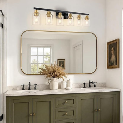6-Light Vanity Lights Bathroom Light Fixtures,Black and Gold,37" | Modern Bathroom Vanity Light over Mirror with Clear Glass Shade,Farmhous Wall Mounted for Bathroom,E26 Base
