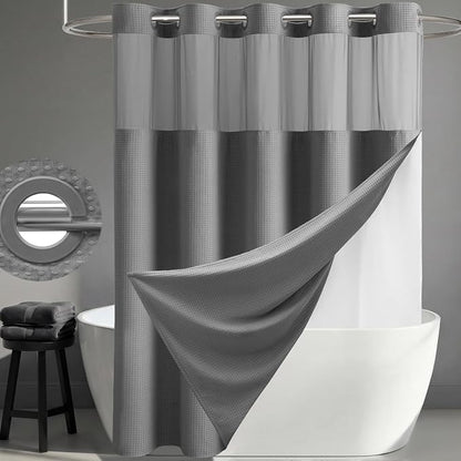 Grey Hook Free Waffle Shower Curtain & Snap-in Fabric Liner,72x75 | Less Time to install, 3 in 1 Fabric Shower Curtain and Liner Set with Magnets, Mesh Top Window, Shower Curtains for Bathroom