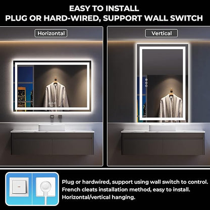 55x36 Inch LED Bathroom Mirror with Lights Front and Backlit Lighted Vanity Mirror for Bathroom Wall with 3 Colors Dimmable Anti-Fog Memory Shatter-Proof IP54 Waterproof Horizontal/Vertical