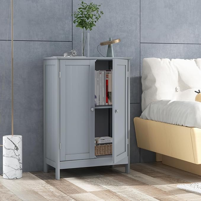 Giantex Storage Cabinet with Doors and Shelves - Freestanding Storage Organizer with Anti-Tipping Device, Entryway Storage Unit for Living Room, Home Decor, Bathroom Floor Cabinet (Gray)