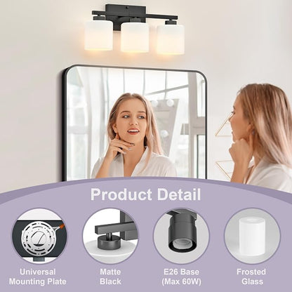 Honesorn Bathroom Light Fixtures Black, 3-Light Vanity Lights Over Mirror | Modern Bathroom Vanity Light, Frosted Shades, Bathroom Lights Over Mirror, E26 Socket (Bulbs Not Included)