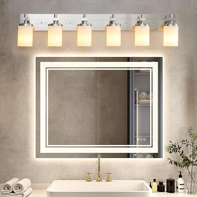 LOUSACE Bathroom Lighting Fixtures Over Mirror Brushed Nickel 6 Light Bathroom Vanity Lights with Opal White Glass Shades, Modern Vanity Wall Sconces Fixture for Bedroom Living Room