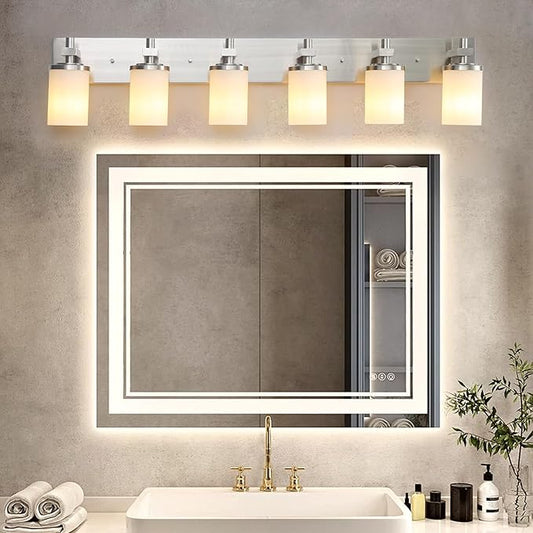 LOUSACE Bathroom Lighting Fixtures Over Mirror Brushed Nickel 6 Light Bathroom Vanity Lights with Opal White Glass Shades, Modern Vanity Wall Sconces Fixture for Bedroom Living Room