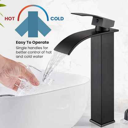 gotonovo Waterfall Tall Bathroom Faucet 1 Hole No Drain, Oil Rubbed Bronze | Modern Vessel Sink Faucet Single Handle 304 Stainless Steel,24” cUPC Supply Hoses,for Bowl Basin Lavatory Vanity Restroom RV