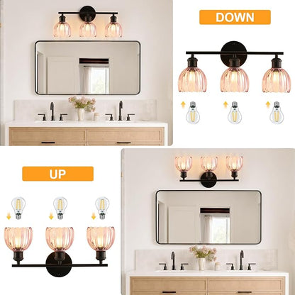 Bathroom Light Fixtures, 3-Light Brushed Black Vanity Lights for Bathroom with Pink Tulip Glass Shade, 20" Vintage Bathroom Vanity Lighting Fixtures Over Mirror for Bedroom Living Room Hallway