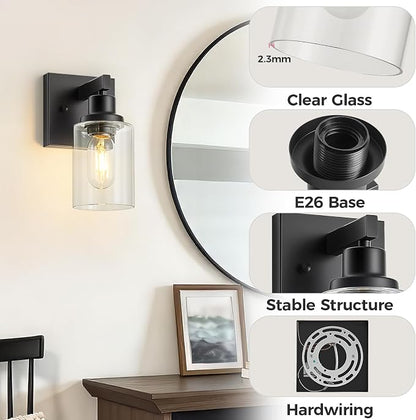 Set of 2 Wall Sconces for Bathroom, Black Bathroom Vanity Light,Modern Wall Sconces Indoor with Clear Glass,Farmhouse Wall Lamp for Bedroom Living Room Mirror Hallway
