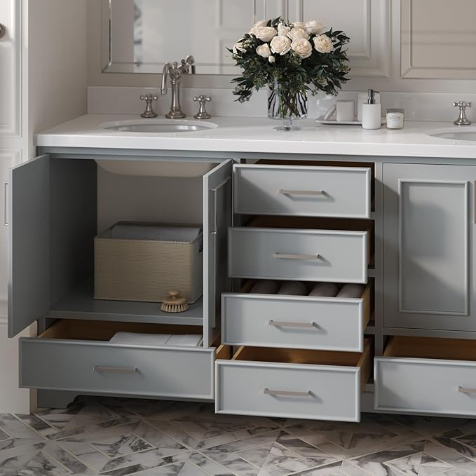 ARIEL Stafford 72-inch Bathroom Vanity with Sink,Solid Wood, 1.5-inch Pure White Quartz Countertop & Backsplash, Double Oval Porcelain Sink, 4 Soft Closing Doors, 6 Dovetail Drawers, Grey