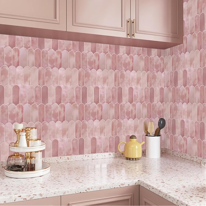 Vamos Tile 10-Sheet Backsplash Peel and Stick Tile, Pink Self Adhesive Vinyl Wall Tiles, Stick on Backsplash for Kitchen, Bathroom,RV (Thicker Design)