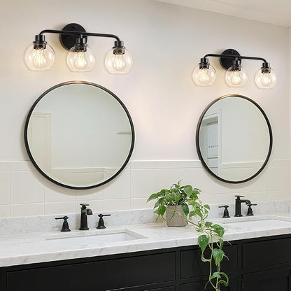 Bathroom Light Fixtures Black Vanity Light, 3 Light Modern Wall Sconces Lighting Bathroom Lights with Globe Clear Glass Shades, Bath Wall Lights Wall Lamp for Mirror Kitchen Living Room Hallway | Wall Sconces Lighting with Globe Clear Glass Shades, Bat...