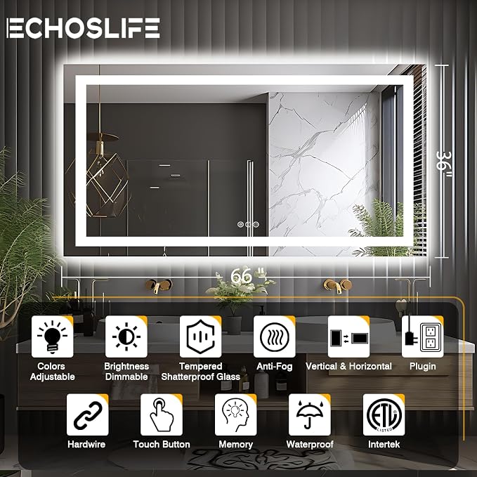 EchosLife 66"x36" LED Lit Bathroom Mirror | Backlit + Front Lit, Anti-Fog, Stepless Dimmable, 3 Colors, Memory, Tempered Glass, UL Listed, Horizontal/Vertical