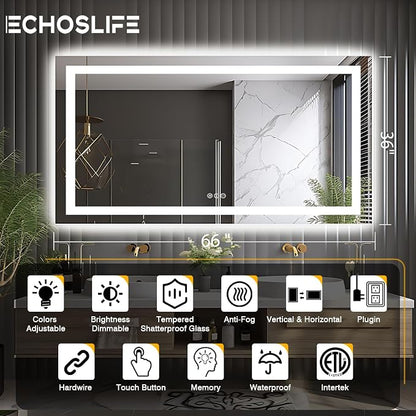 EchosLife 66"x36" LED Lit Bathroom Mirror | Backlit + Front Lit, Anti-Fog, Stepless Dimmable, 3 Colors, Memory, Tempered Glass, UL Listed, Horizontal/Vertical