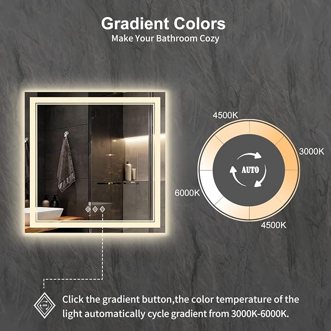LED Bathroom Mirror, 32x32 Inch Gradient Front and Backlight Lighted Vanity Mirror, 3 Colors Dimmable CRI>90 Double Lights, IP54 Enhanced Anti-Fog, Hanging Plates Wall Mount Bathroom Mirror
