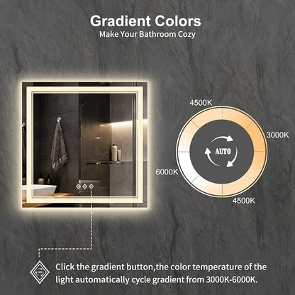 LED Bathroom Mirror, 32x32 Inch Gradient Front and Backlight Lighted Vanity Mirror, 3 Colors Dimmable CRI>90 Double Lights, IP54 Enhanced Anti-Fog, Hanging Plates Wall Mount Bathroom Mirror