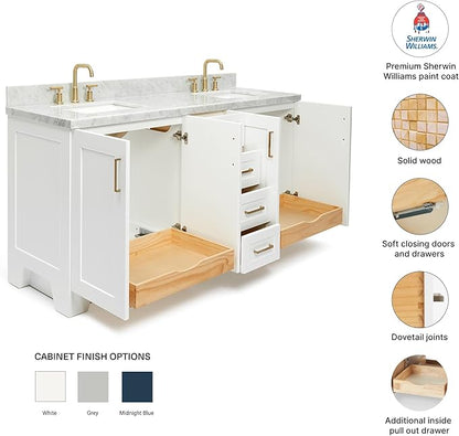 DKB Emilia 72 Inch Bathroom Vanity Double Sink — White Bathroom Vanity with Sink, 1.5" Edge Italian Carrara Marble Countertop & Backsplash, 4 Soft-Close Doors, and 6 Dovetail Drawers