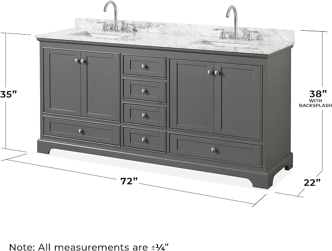 Wyndham Collection Deborah 72 inch Double Bathroom Vanity in Dark Gray, White Carrara Marble Countertop, Undermount Square Sinks, and No Mirror