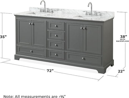 Wyndham Collection Deborah 72 inch Double Bathroom Vanity in Dark Gray, White Carrara Marble Countertop, Undermount Square Sinks, and No Mirror