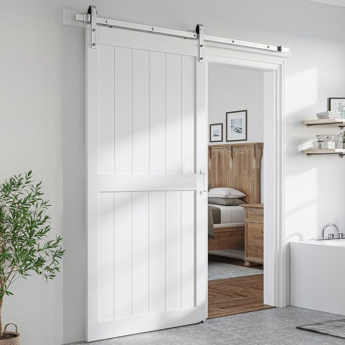 SMARTSTANDARD 42" x 96" White Sliding Barn Door with 7FT Silver Hardware | Pre-Drilled Ready to Assemble, Waterproof PVC Coating, H-Frame