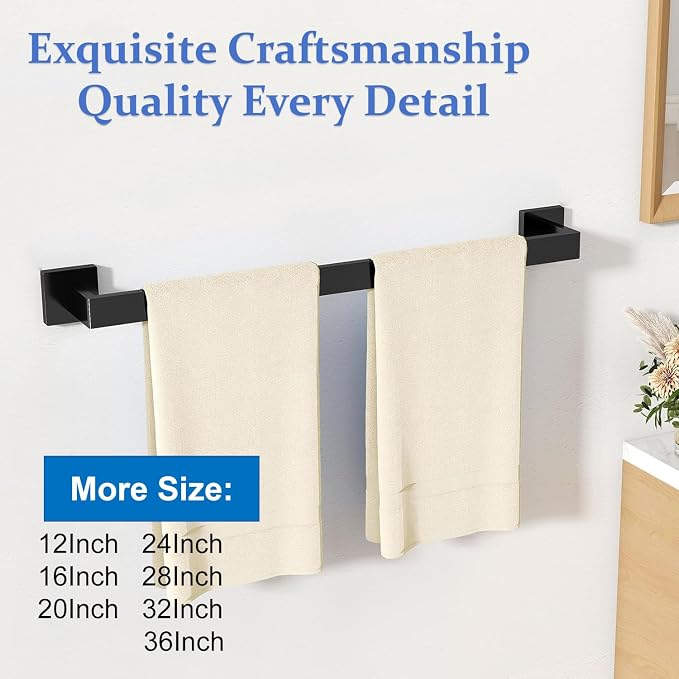 Towel Bar for Bathroom 24 Inch Matte Black Towel Holder 12/16/20/24/28/32/36 Inch Stainless Steel SUS304 Rustproof Towel Rack Modern Square Towel Rod for Bathroom Wall (1, Matte Black, 24 Inch)