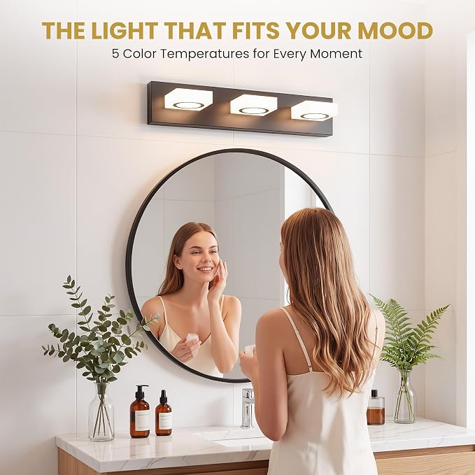 Bathroom Vanity Light, 3-Light 24 Inch Matte Black 5CCT 2700-6500K LED Bathroom Light Fixtures Over Mirror, Vanity Lighting Modern Bath Wall Sconce for Mirror Bedroom Living Room