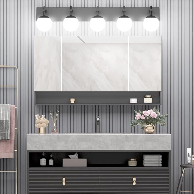 Ralbay Mid Century Modern Vanity Light 5-Light Matte Black Bathroom Wall Lighting Fitures Black Milky Glass Globe Vanity Light for Bathroom (Exclude Bulb)