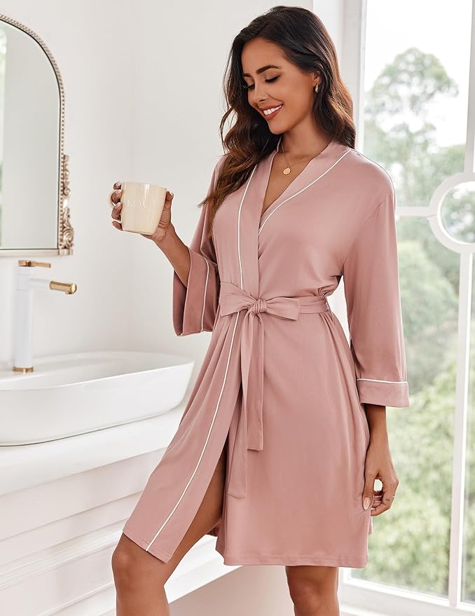Ekouaer Women Kimono Robes Knee Length Knit Bathrobe Lightweight Soft Sleepwear V-neck Casual Ladies Loungewear