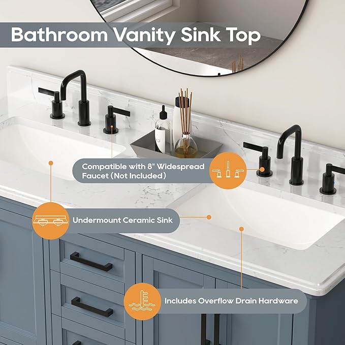 60 Inch Bathroom Vanity with Double Sink, Solid Wooden Frame Bathroom Sink Cabinet Vanity with Adjustable Feet, Bathroom Storage Cabinet with Soft Closing Doors-Steel Blue