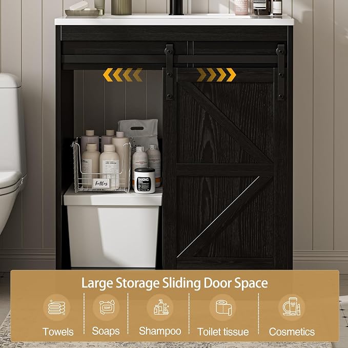 SUNTAGE Bathroom Vanity with Sink, Freestanding Farmhouse Bathroom Storage Cabinet with 3 Drawers & Sliding Door, White Resin Basin Vanity Combo Set (Wood Grain Black, 30")
