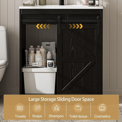SUNTAGE Bathroom Vanity with Sink, Freestanding Farmhouse Bathroom Storage Cabinet with 3 Drawers & Sliding Door, White Resin Basin Vanity Combo Set (Wood Grain Black, 30")