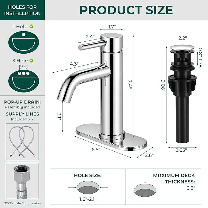 Bathroom Faucet, Single Handle Vanity Sink Faucet, Chrome | Chrome, for 1/3-Hole, Stainless Steel, Ceramic Cartridge, Pop-Up Drain, Deck Plate, For Vanity Powder Laundry