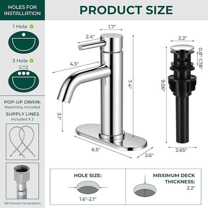 Bathroom Faucet, Single Handle Vanity Sink Faucet, Chrome | Chrome, for 1/3-Hole, Stainless Steel, Ceramic Cartridge, Pop-Up Drain, Deck Plate, For Vanity Powder Laundry