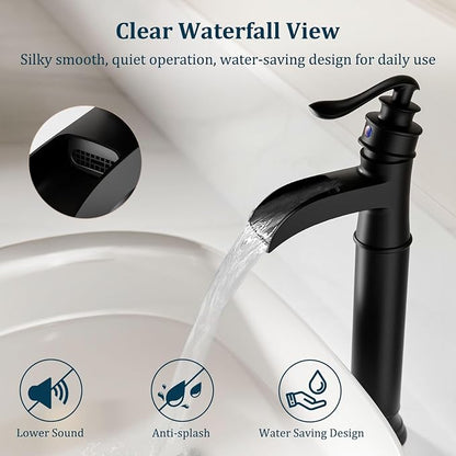 Matte Black Vessel Sink Faucet Tall Brass Waterfall Faucet for Vessel Sink | Bathroom Faucets Farmhouse Single Hole Single Handle Vanity Lavatory Without Overflow Pop Up Drain for Washroom by BATHLAVISH