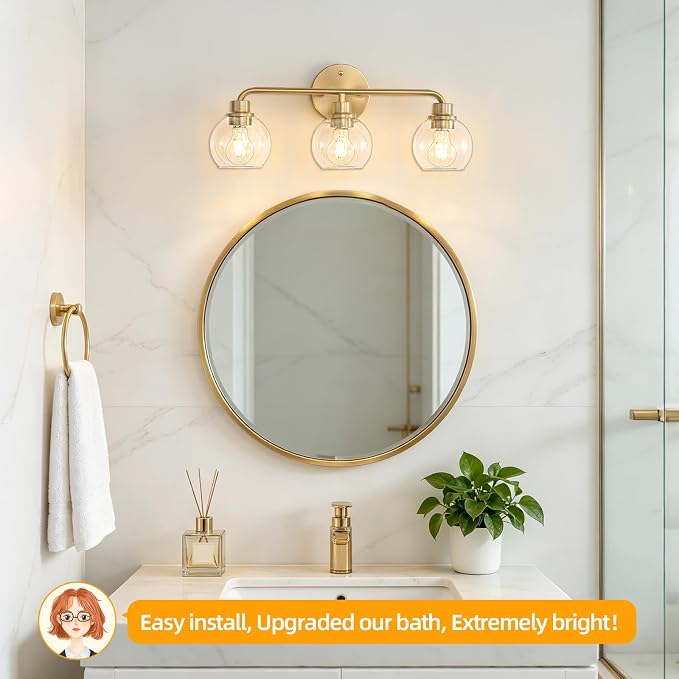 22 Inch Bathroom Light Fixtures Gold Vanity Light 3 Light Brushed Brass | Intrfimaso Wall Sconces Lighting with Clear Globe Glass Shades Bath Wall Lamp for Mirror Living Room Bedroom Hallway