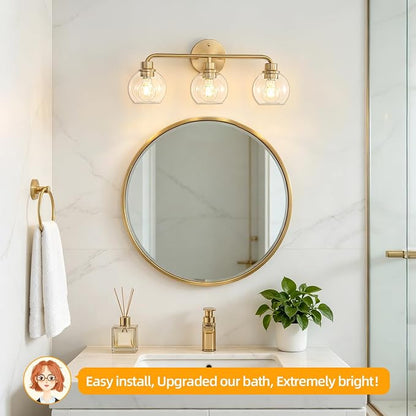 22 Inch Bathroom Light Fixtures Gold Vanity Light 3 Light Brushed Brass | Intrfimaso Wall Sconces Lighting with Clear Globe Glass Shades Bath Wall Lamp for Mirror Living Room Bedroom Hallway