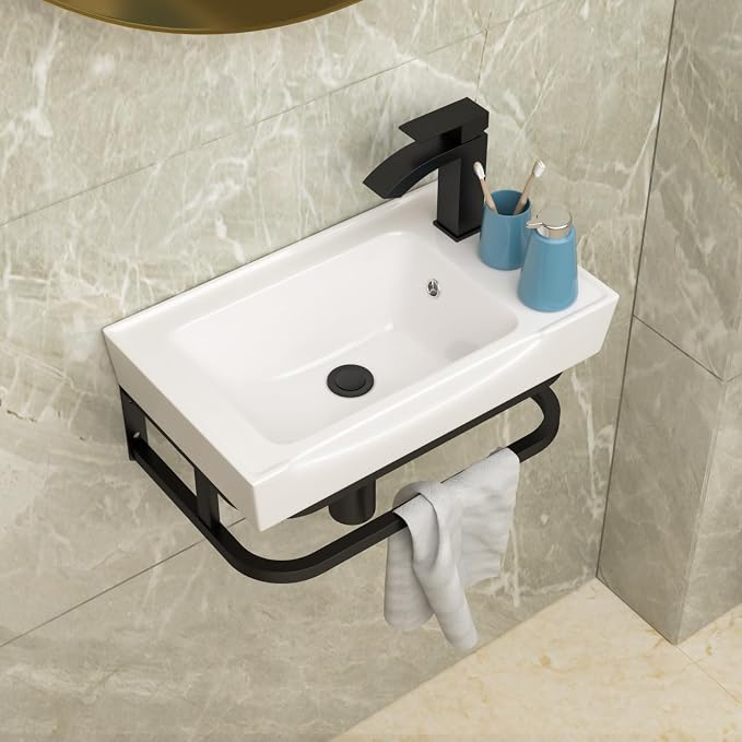 Lordear Wall Mounted Bathroom Sink with Towel Rack 20 x 11 Inch Modern Black Wall Hung Sink for ADA Bathrooms, Rectangular One Hole Porcelain Vanity Sinks