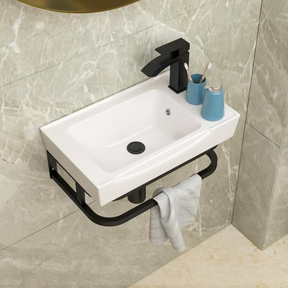 Lordear Wall Mounted Bathroom Sink with Towel Rack 20 x 11 Inch Modern Black Wall Hung Sink for ADA Bathrooms, Rectangular One Hole Porcelain Vanity Sinks