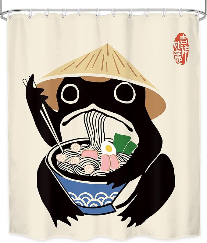 LGhtyro Funny Frog Shower Curtain Bathroom Set 60Wx71H Inches Retro Cute Animal Asian Traditional Japanese Style Noodles Strawhat Vintage Bath Accessories Children Art Home Decor Fabric 12 Pack Hooks