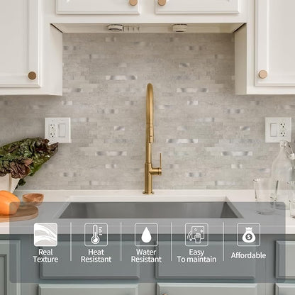 10 - Sheet Peel and Stick Backsplash Wall Tile, PVC Kitchen Backsplash, Stick on Tiles for Backsplash Kitchen (12'' X 12'', White Gray)
