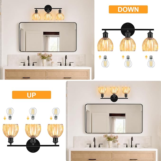 Bathroom Light Fixtures, 3-Light Brushed Black Vanity Lights for Bathroom with Amber Tulip Glass Shade, 20" Vintage Bathroom Vanity Lighting Fixtures Over Mirror for Bedroom Living Room Hallway
