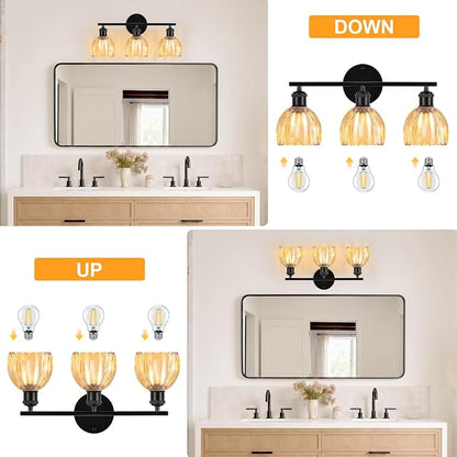 Bathroom Light Fixtures, 3-Light Brushed Black Vanity Lights for Bathroom with Amber Tulip Glass Shade, 20" Vintage Bathroom Vanity Lighting Fixtures Over Mirror for Bedroom Living Room Hallway