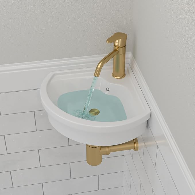 Triangle Corner Wall Mount Sink | Beslend 16"x15" Inch White Ceramic Vessel Sink, Triangle Corner Art Basin with Single Hole，Small Space-Saving Bathroom Sinks