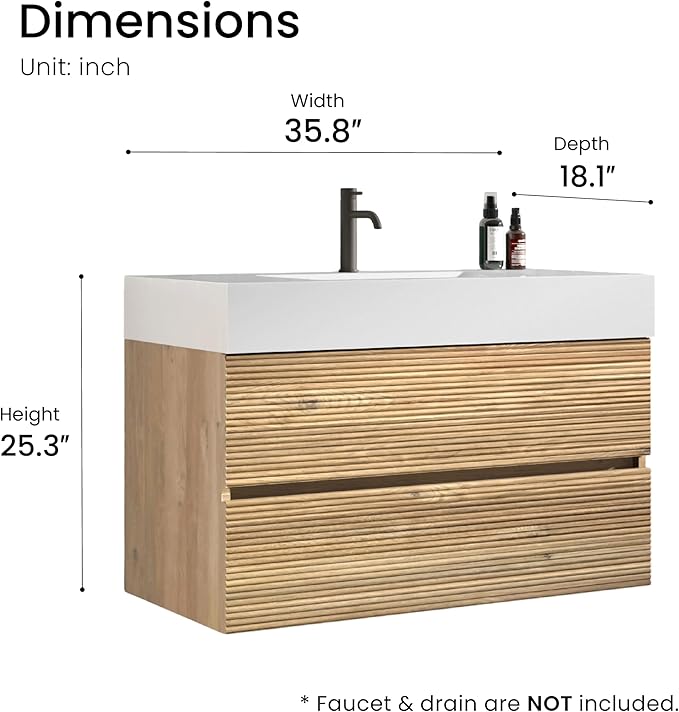 36 Inch Floating Bathroom Vanity with Sink, Modern Floating Bathroom Cabinet with 2 Soft-Closing Drawers, Large Storage for Powder Room, Apartment, Hotel, Rough Oak Finish, Fir Collection