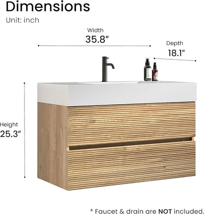 36 Inch Floating Bathroom Vanity with Sink, Modern Floating Bathroom Cabinet with 2 Soft-Closing Drawers, Large Storage for Powder Room, Apartment, Hotel, Rough Oak Finish, Fir Collection
