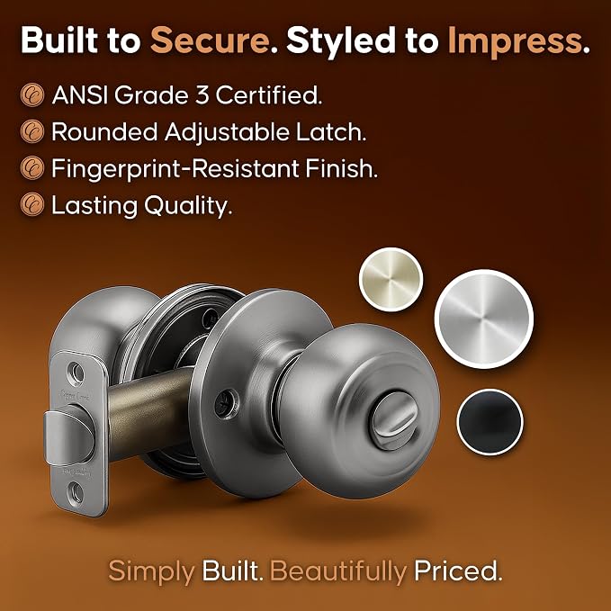 Copper Creek Colonial Privacy Interior Door Knob – ANSI Grade-3 Certified, Modern Heavy Duty Handle, Easy Install and Reversible for Bedroom, Bathroom and Closets – Satin Stainless (6 Pack)
