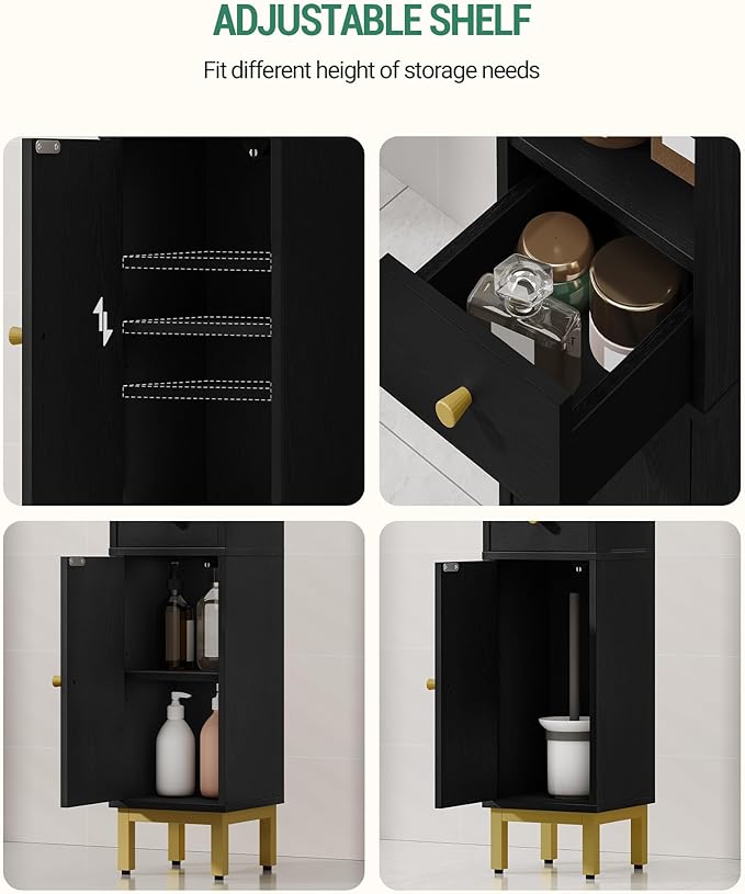 Bathroom Storage Cabinet, Corner Floor Cabinet with Drawers and Doors, Narrow Toilet Paper Holder, Bathroom Organizer with Adjustable Shelf, for Small Spaces, Black, BC19804GV1