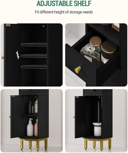 Bathroom Storage Cabinet, Corner Floor Cabinet with Drawers and Doors, Narrow Toilet Paper Holder, Bathroom Organizer with Adjustable Shelf, for Small Spaces, Black, BC19804GV1