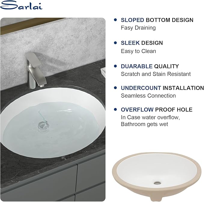 Sarlai Undermount Bathroom Sink - 19 x16 inch Oval Vessel Sink Under counter Lavatory Sink White Ceramic Vanity Sink with Overflow, Modern Art Basin, Interior Size 17-2/5" x 14-1/9"